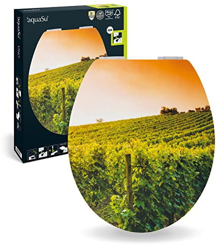 aquaSu® WC-Sitz mit Motiv Vino | Holzkern Toilettendeckel mit Absenkautomatik | Belastbar bis 300 kg | 3-seitiges Dekor | O-Form | Top-Fix | Take-Off | Metallscharnier | 40740 3