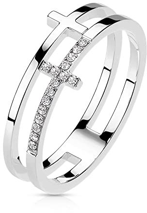 Treuheld® Doppelter Ring mit Kreuz und Kristallen | Farbe: Silber - Größe: 57
