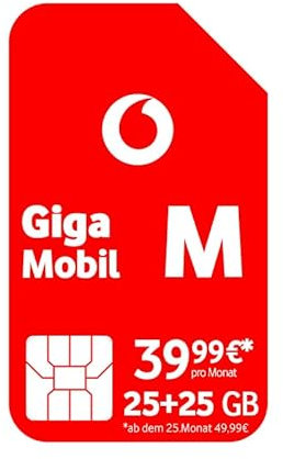 Vodafone Mobilfunkvertrag GigaMobil M | Jetzt doppeltes Datenvolumen 50 GB statt 25 GB | Zusätzlich 24 x 20% Tarifrabatt | 5G-Netz | Telefon- SMS-Flat | EU-Roaming