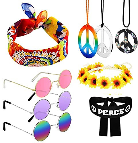 UYUYong Hippie Kostüm Set Retro Hippie Accessoires Herren Damen Runde Sonnenbrille Peace Zeichen Halskette Halskette Sonnenblumen und Buntes Hippie Stirnband für 70er 80er Mode Thema Party