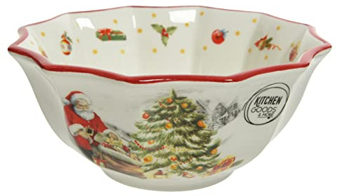Kaemingk Weihnachtsschale Keramik D. 15cm H. 4,8cm Dolomit mit Weihnachtsmann Weihnachtsbaum weiß rot