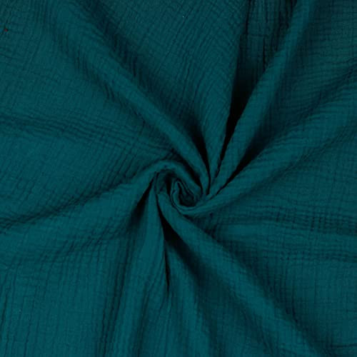 VmG-Store Musselin Double Gauze 61 Farben Meterware Stoff Tex 100 Uni (50 x 135cm) (052 I Dark Cyan)