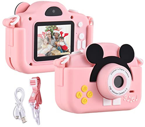 Andoer Digitalkamera für Kinder, 1080P, 2,0 Zoll (2,0 cm), Selfie-Videokamera mit 4-facher Zoom, Gurt, ideale Geschenke für Jungen Mädchen von 3-10 Jahren, Rosa
