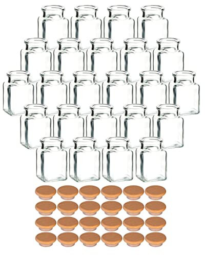 gouveo 24er Set Gewürzgläser 150 ml eckig mit Holzdeckel Buche - Kleine Korkengläser mit Holz-Korken - Leere Vorratsgläser für Kräuter, Gewürze - Glasdose für Büro, Bastelzubehör