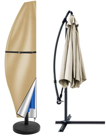Teynewer Parasol Cover Waterproof, Cantilever/Straight Parasol Protective Covers with Telescopic Pole and Zipper Fit for 2 to 4 m Large Umbrella Patio Parasol UV-Anti Windproof, Khaki