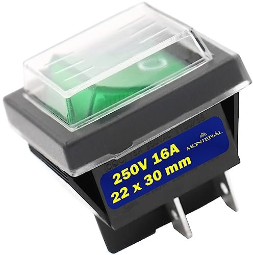 Interrupteur Bipolaire Vert Lumineux et Couvercle de Protection 250V 16A 22 x 30 mm Corps Noir Garantie de 10 Ans - MONTERAL