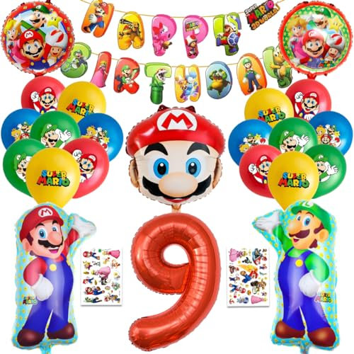 9 Jungen Cartoon Geburtstagsdekoration, 25 Stück Kinder Geburtstags ballon deko set Enthäl banner, Tattoo-Sticker, Zahlenballon, Folienballons
