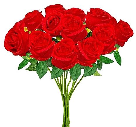 hailanbao 12PCS Red Artificial Roses with Long Stems, Silk Faux Flowers