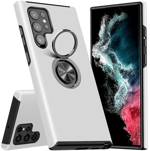 KRAFTCARE Hülle für Samsung Galaxy S22 Ultra, Handyhülle mit Eingebetteter 360° Grad Ring, Magnetische Schutzhülle TPU Stoßfest Cover Case für Samsung S22 Ultra 5G,Silber