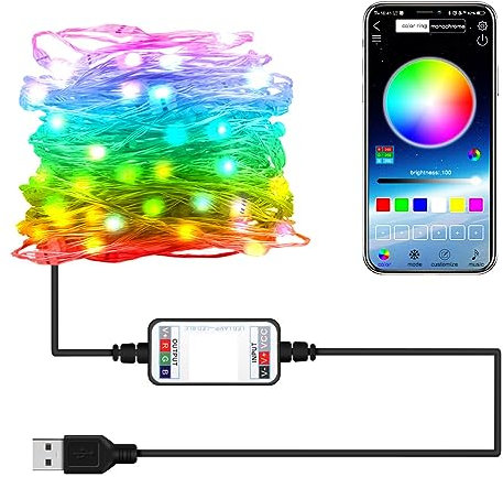 LED-Lichterkette für Weihnachtsbaum, USB-Bluetooth-Lichterkette, Intelligente Glühbirne, Handy-APP-Steuerung, Kupferdraht-Lichterkette für Weihnachtsdekoration (Orange, Grün)