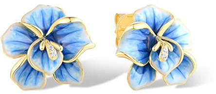 Santuzza Orchid Earrings 925 Sterling Silver White Cubic Zirconia Enamel Blue Flower Stud Earrings for Women