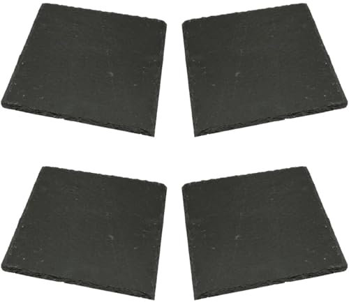 Schieferplatten 4er Set 20x20 schwarz anthrazit - Schiefer Untersetzer als Servierplatte, Dekotablett, Servierteller, Sushiplatte, Käseplatte - Deko Steinplatte zum Beschriften als Esstisch Tischdeko