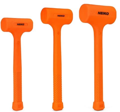 NEIKO 02888A Totschlaghammer-Set, 3-teilig, neonorange, Deadblow Schlägel, 0,5 kg, 0,9 kg, 1,4 kg Hämmer, funken- und rückprallfest, Unibody-geformt, karierter Griff