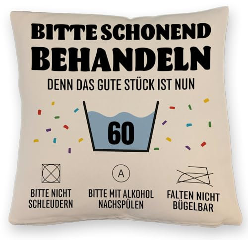 speecheese Bitte schonend behandeln - 60. Geburtstag Kissen mit Leinenoptik Geburtstagsgag Alt Aber Oho Witzig Waschbar Schontextil Rente Enkel