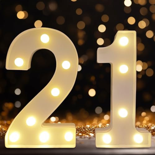 DyingSwan Led Light Up Numbers, 21th Birthday Decorations, Marquee Numbers Lights, Battery Powered Light Up Sign for Sweet 21 Decor Party (White)