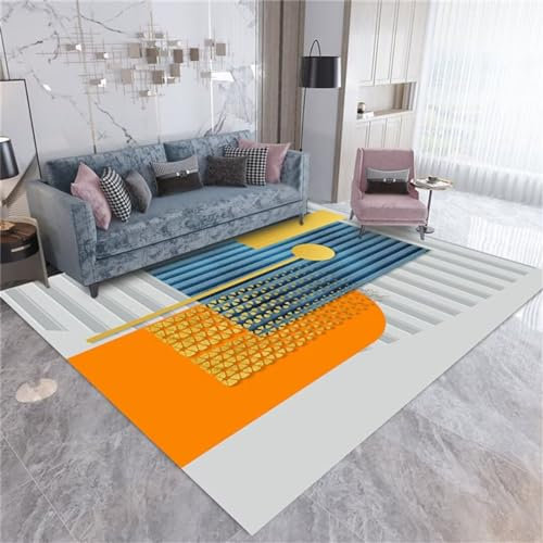 DJHWWD bettvorleger waschbar Living Room Carpet Schlafzimmer-Rechteckteppich, orange-Blauer Teppich, maschinenwaschbar bettumrandung Schlafzimmer Teppich auslegware 50X80cm