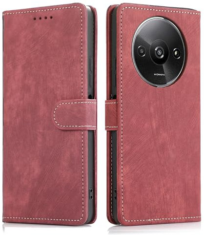 MIKULLE Cover a Libro per Xiaomi Redmi A3 4G (6.71), Custodia in Pelle PU e Silicone TPU Bumper, Flip Chiusura Magnetica Caso Portafoglio con Funzione Stand - Rosso