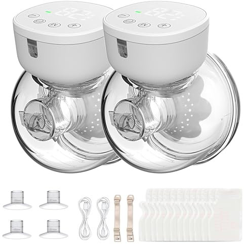 Breast Pump Hands Free: Double Wearable Breastfeeding Pumps with 3 Modes 9 Levels Electrical Breast Pump LED Low Noise Pain Free for Baby Feeding Wireless 19/21/24MM Flanges (White, 2 * 180ml)