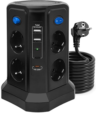 12 en 1 Tour Multiprise Electrique 3M, 4000W/16A Tour Multiprise avec PD20W Charge Rapide, 8 Prises et 4 USB Ports(2A&2C), 4 Interrupteur indépendant, Parafoudre et Surtension pour Maison, Bureau