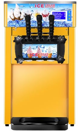 Commercial Ice Cream Maker 3 Flavors Soft Serve Ice Cream Machine 18L/H 1200W Icecream Makers Countertop Auto Clean Hardness Adjustable, Gelato Maker for Coffee Shop, Restaurant (Yellow, 10L)