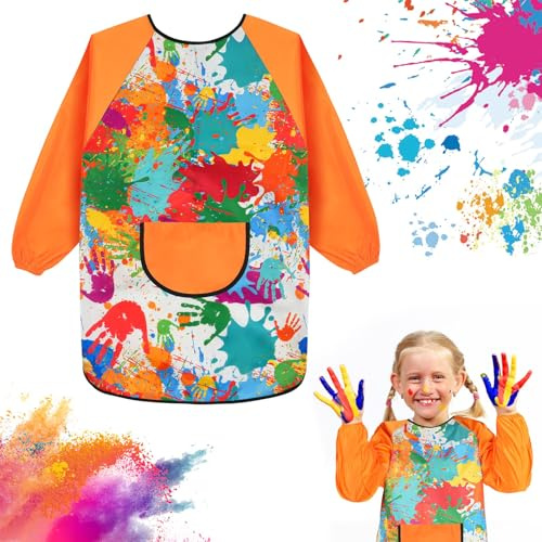 Ainiv Malschürze Kinder Bunte, Wasserdicht Malkittel | Einstellbar Bastelschürze, Lange Ärmel mit Taschen für 6-16 Jahre, Bastelschürze für Schule Kunst Malerei Backen Kochen