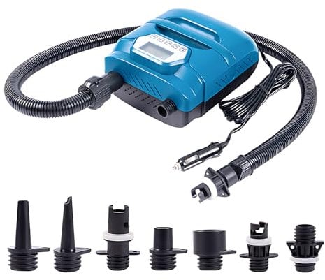 Hanzete 20PSI High Pressure SUP Pump Dual Motor 150W 12V DC Inflatable Deflatable Electric Air Pump with 7 Nozzles for Paddle Board Surfboard Air Mattress Boat Kayak with Portable Handle LED Display S