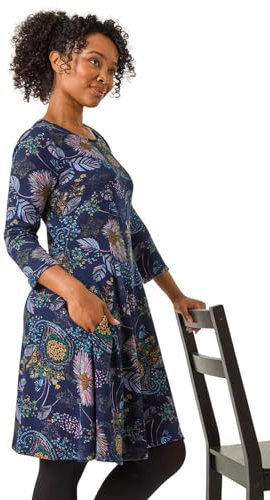 Roman Originals Tunic Dress with Pockets for Women UK Ladies Swing Fit & Flare Skater Slouch Stretchy Casual Smart Winter Jersey Pull On Work Office 3/4 Long Sleeves - Petite Navy - Size 14
