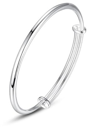 KFRS Sterling Silver Bangle Bracelet, Fashion Versatile Simple Adjustable Silver Plated Smooth Face Round Belly Push Pull Bracelet