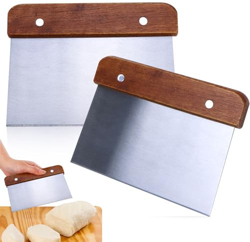 2 Stück Teigschaber Edelstahl, Teigkarte mit Holzgriff Dough Scraper Küche Teigschneider Teigspachtel zum Schneiden von Teig Pizza Nougat Kuchen DIY Backschaber