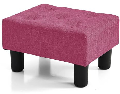 BRIAN & DANY Kleiner Fußhocker, Leinen Fußhocker mit Beinen, Fußhocker für Wohnzimmer, Ottomane Fußstütze Extra Sitzgelegenheit für Eingangsbereich, Rose Rot