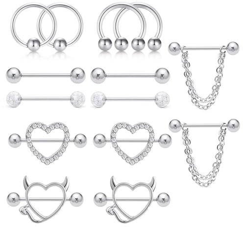 Generisch 7 Paar 14G Nippelpiercing für Damen, 316L Edelstahl Brustwarzenpiercing Silber CZ Herz Nipplerings Barbells Nipple Piercing Körper Piercing Schmuck für Damen Frauen