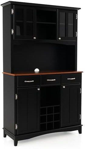 KOMFOTTEU Aparador de Cocina, Alacena Alta con 3 Cajones y 4 Armarios con Puertas, Mueble de Comedor con 2 Compartimentos Abiertos y Botellero para 9 Botellas, 106 x 41,5 x 184,5 cm (Negro)