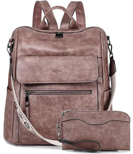 VASCHY Zaino Donna con Portafoglio,Zainetto Donna Pelle Borsa Zaino Donna Elegante Zaini da Donna Grande Zaino da Viaggio/Lavoro/Scuola/Università Rosa Scuro