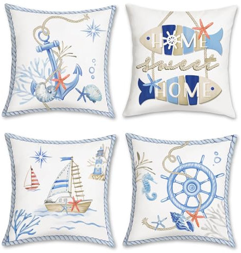 Bonhause 4er Set Kissenbezüge Nautisch Küsten 45 x 45 cm Anker Boot Seestern Koralle Maritim Dekorative Kissenhülle Zierkissenbezüge für Sofa Wohnzimmer Zuhause Dekoration