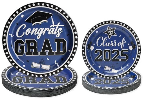 PARTY GO Set di 50 piatti di carta blu graduazione con 25 piatti piani da 23 cm e 25 piatti da dessert da 18 cm, design graduato per 2025 feste di laurea per 25 ospiti
