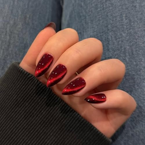 KQueenest Cateye Burgundy Red Press on Nails Almond Medium Glazed Glitter Black False Nails Medium Stiletto, Shiny Bling Acrylic Fake Nails Set Cute Stick on Nail for Women 24 Pcs