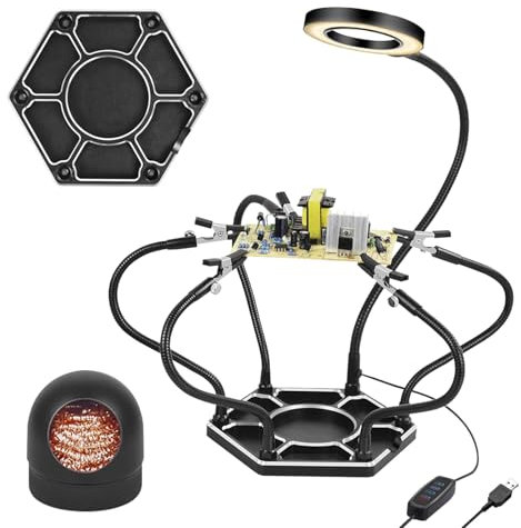 Dritte Hand Löten, Löthilfe Leiterplattenhalter Werkzeug Hände Handwerk Werkstatt Helfen Station mit USB LED, Lötstation mit 5 flexibel Arme, 3X Lupe Flexibler Löthalter für Schweißer, Handwerk