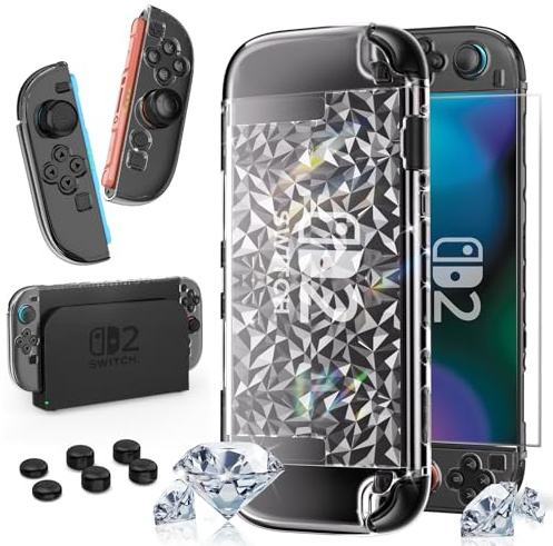 HEYSTOP Carcasa para Nintendo Switch 2 Dockable PC Funda Transparente con Película Templada y Tapa del Pulgar del Joystick para Nintendo Switch 2 Controller Accessories