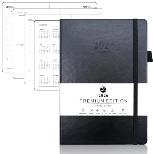 peiyee Kalender 2026 Buchkalender A5, 12-Monate-Terminplaner(Jan.2026-Dez.2026), Eine Seite pro Tag, Terminplaner 2026 Wochenplaner mit PU-Leder Hardcover & Monats-Register (Schwarz)