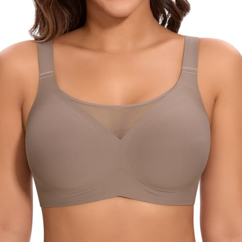 Cavotor Jelly Bras for Women Non Wired Comfort Support Gel Soft Bra Seamless Lace Wireless T Shirt Push Up Bralettes with Extender (Coffee,2XL)
