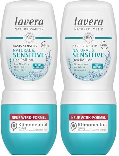 lavera Deo Roll-on basis sensitiv NATURAL SENSITIVE - vegan - Naturkosmetik - Deo-Roller mit Bio-Aloe Vera - Natürliche Mineralien ohne Aluminium - alkoholfreien Rezeptur - 48-h Schutz - 50 ml