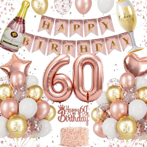 60th Birthday Decorations, Rose Gold 60th Birthday Decorations for Women, 60th Birthday Balloons, 60th Party Supplies