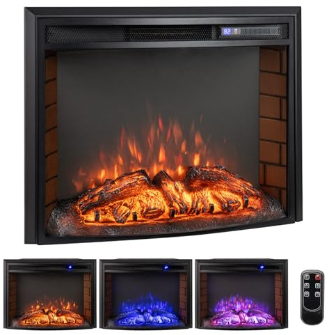 COSTWAY Camino Elettrico, 750W/1500W Caminetto Elettrico Curvo con Telecomando, Effetto Fiamma Realistico e Regolabile, Funzione Timer e Protezione da Surriscaldamento