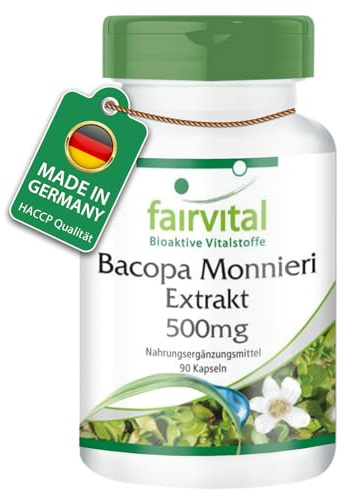 fairvital Estratto di Bacopa Monnieri 500 mg, 90 capsule, facili da deglutire, capsule di Brahmi, con il 20% di bacosidi, vegane