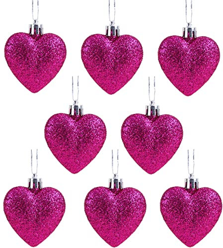 Christmas Concepts® Pack of 8-60mm (2.4) Heart Shaped Christmas Tree Baubles – Glitter Decorated Baubles (Hot Pink)