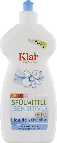 Klar Spülmittel Bio sensitive ohne Duft 6x500ml – Kraftvolles Geschirrspülmittel flüssig mit hoher Fettlösekraft – Hautfreundliches Spüli Konzentrat in recycelter Flasche – Vegan Dish Soap