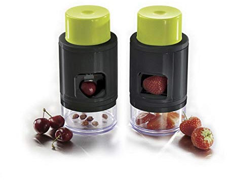 Ibili 793300 Dénoyauteur de Cerises Coupe-Fraises Plastique/Inox, Vert/Noir/Transparent