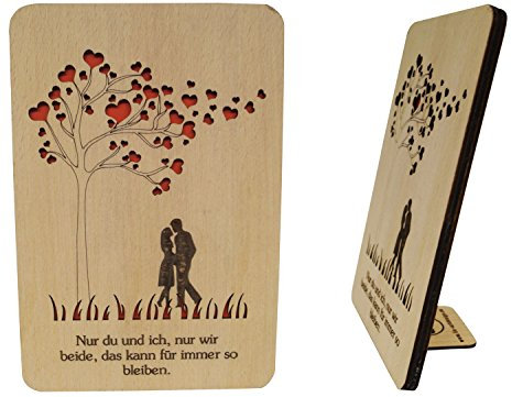 LIN-HolzkartenGrußkarten aus Holz, Hochzeitskarten mit Spruch, Glückwunschkarten Hochzeit, Grußkarten mit sprüchen, Valentinkarten, Paar unter Herzbäume (N602)