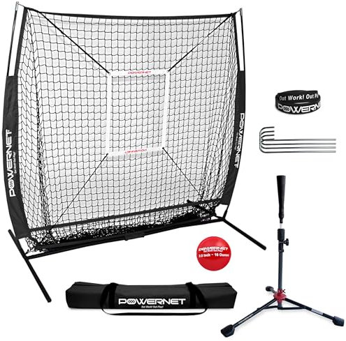 PowerNet Übungsnetz + Deluxe-Tee Strike Zone gewichteter Trainingsball Bundle (schwarz) | Baseball-Softball-Pitching Schlag-Coaching-Paket Arbeiten auf Spielfeld-Genauigkeit Bauplatte Vertrauen