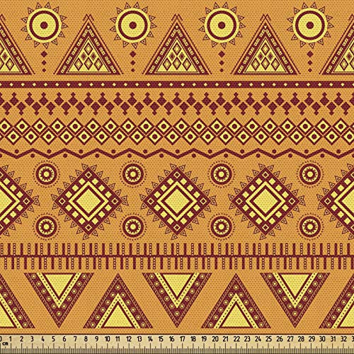 ABAKUHAUS Orange Stoff als Meterware, Ethnische aztekische Grenzen, Qualitäts Stoff Dekorativer Polster Heimtextilienstoff, 2M (148x200cm), Hell Orange Bordeauxrot Gelb